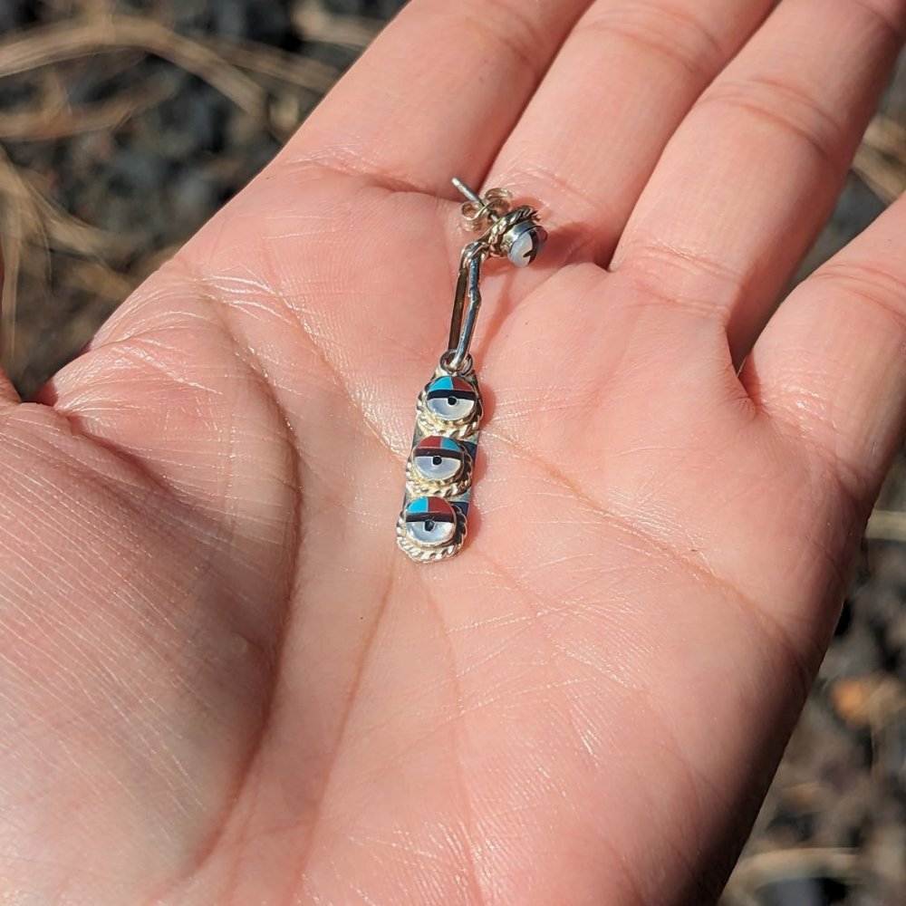 Authentic Zuni Sun Face Inlay Dangle Earrings Handmade Native American Jewelry** - Picture 9 of 9